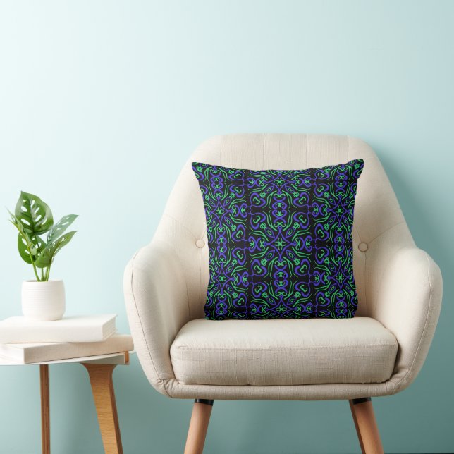 Coussin Motif de ligne abstrait en vert, violet et noir (Chaise)
