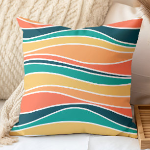 Coussin Motif de lignes ondulées rétro sarcelle, orange, j