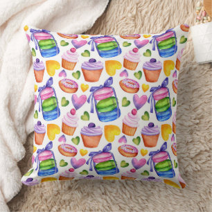 Coussin Motif de macarons et cupcakes sucrés à l'aquarelle
