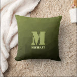 Coussin Motif de maillage géométrique d'olive verte de l'a<br><div class="desc">Monogramme Personnalisez le cadeau pour lui avec votre initiale et votre nom personnalisés. Motif géométrique en maille à dégradé d'olive vert de l'armée. Militaire dégradé géométrique maillage motif triangles ombre. Huile verte d'olive foncée de l'armée pour équipement de soldat, camo. Il imite les paysages militaires naturels, la résistance, l'endurance, la...</div>