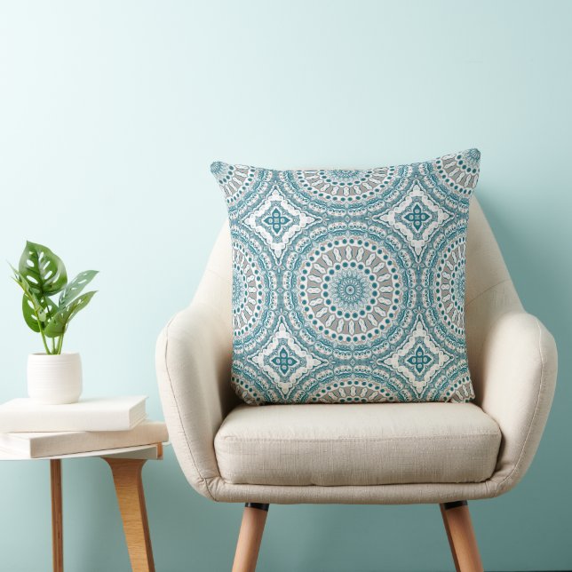 Coussin Motif de mandala abstrait sarcelle et ivoire (Chaise)