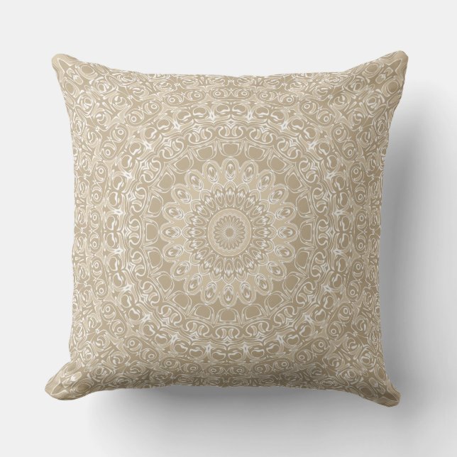 Coussin Motif de mandala d'ornement kaki et blanc (Recto)