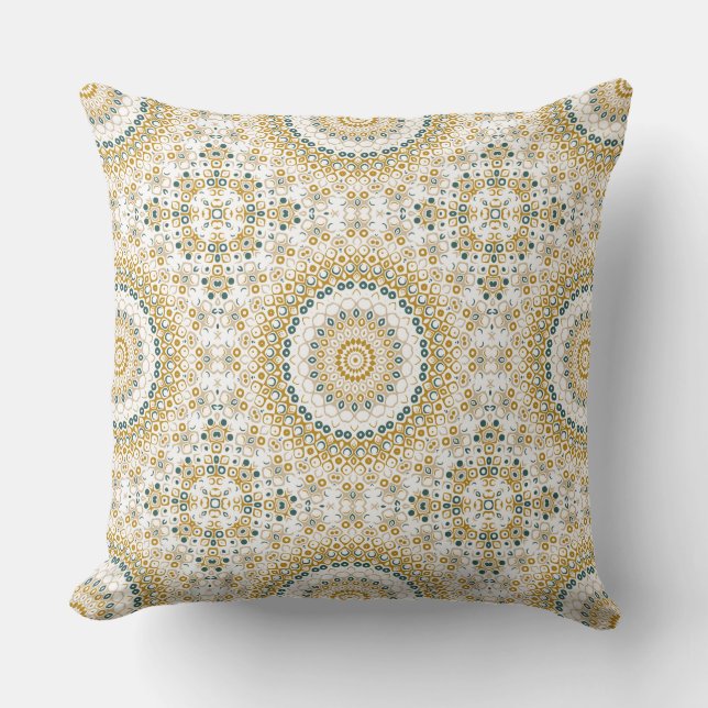 Coussin Motif de mandala géométrique doré et vert (Recto)