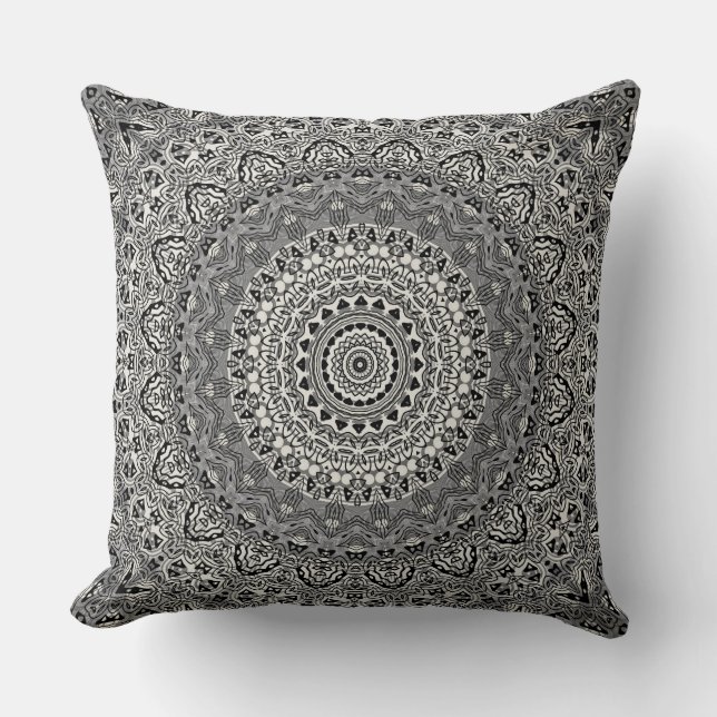 Coussin Motif de mandala géométrique noir et blanc (Recto)