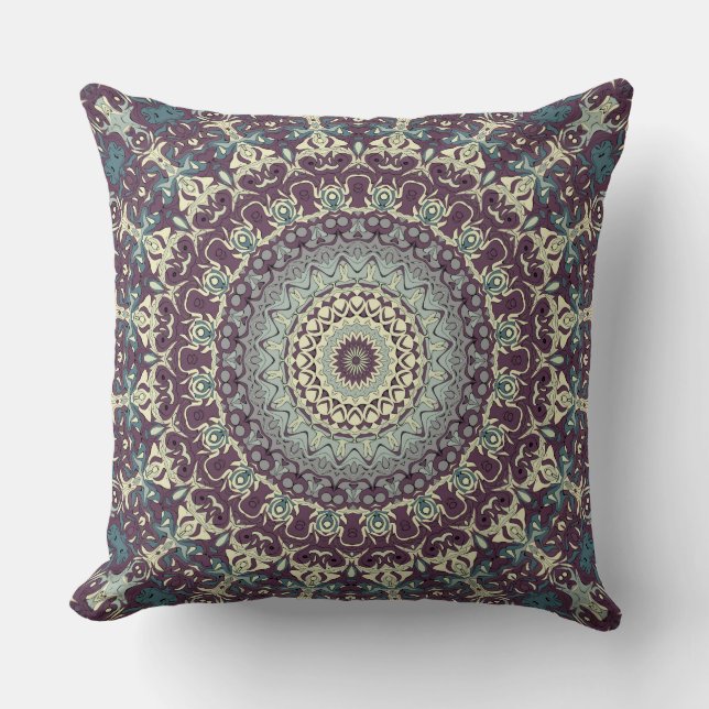 Coussin Motif de mandala violet sarcelle et crème (Recto)