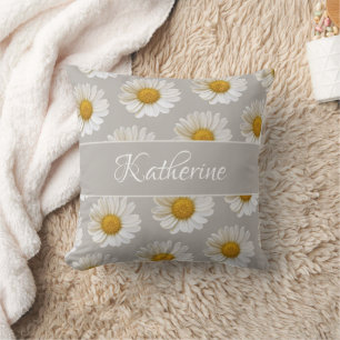 Coussin Motif de marguerite blanche Nom personnalisé Gris