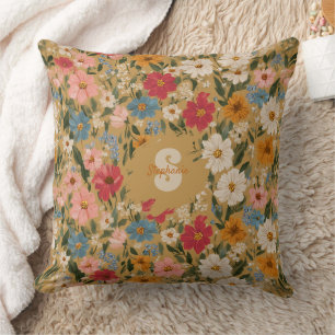 Coussin Motif de marguerite coloré vintage - moutarde