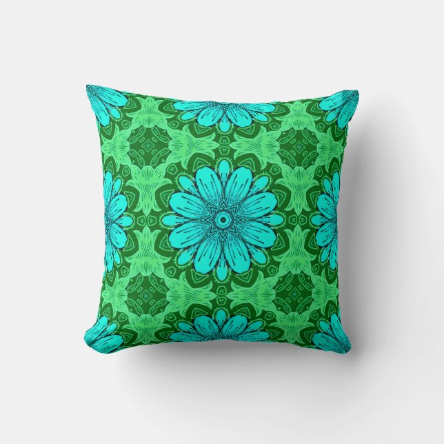 Coussin Motif de marguerite géométrique en Turquoise et Ve (Recto)