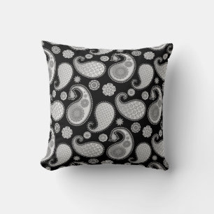 Coussin Motif de marguerite, gris argenté / gris sur noir