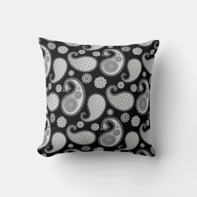 Coussin Motif de marguerite, gris argenté / gris sur noir (Recto)