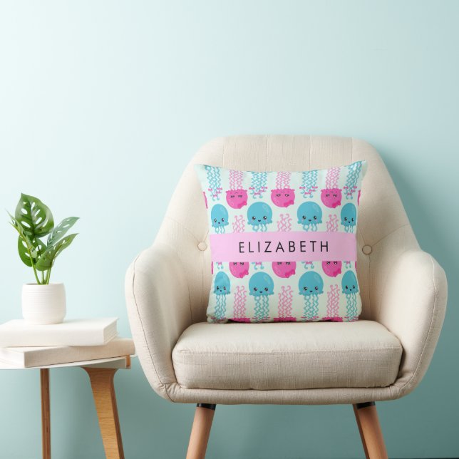 Coussin Motif de méduses, Mignonne méduse, Mer, Votre nom (Chaise)