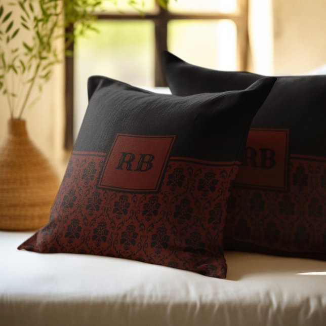 Coussin Motif de monogramme à damas noir et bordeaux (Créateur téléchargé)
