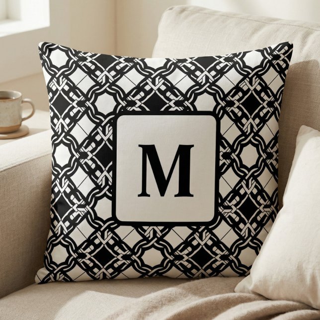 Coussin Motif de monogramme Art Déco noir blanc (Créateur téléchargé)
