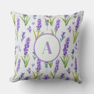 Coussin Motif de monogramme lavande violet aquarelle