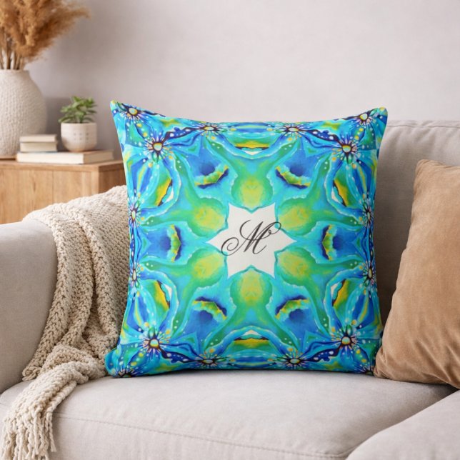 Coussin Motif de monogramme mandala turquoise Art bleu ver (Créateur téléchargé)