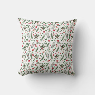 Coussin Motif de Noël avec baies et feuilles vertes