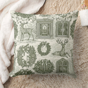Coussin Motif de Noël Cerf de Toile Verte de la Forêt
