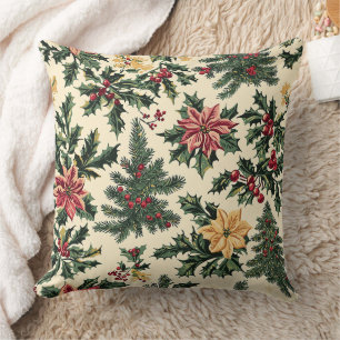 Coussin Motif de Noël de houx poinsettia rouge crème