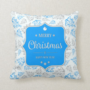 Coussin Motif de Noël élégant, bleu et argent