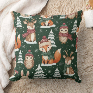 Coussin Motif de Noël en bois mignon avec des animaux vert