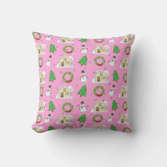 Coussin Motif de Noël - Fond Rose (Recto)