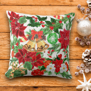 Coussin Motif de Noël Poinsettia Floral Gold Bells