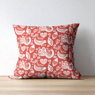 Coussin Motif de Noël scandinave rouge avec oiseaux