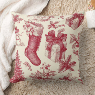 Coussin Motif de Noël vintage rouge toile avec chaussettes