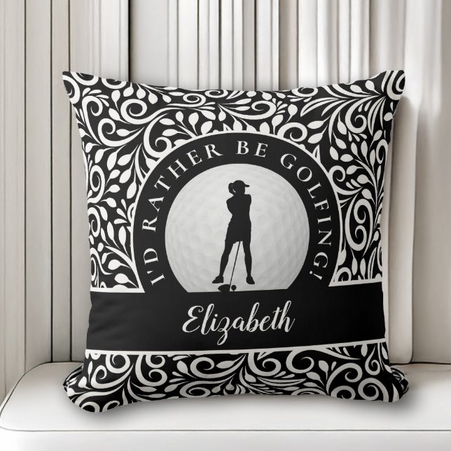 Coussin Motif de nom en silhouette de sport de golf noir e (Créateur téléchargé)
