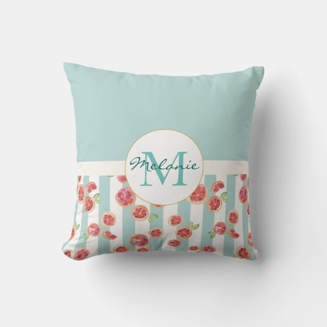 Coussin Motif de pamplemousse rose sur des rayures vertes  (Recto)