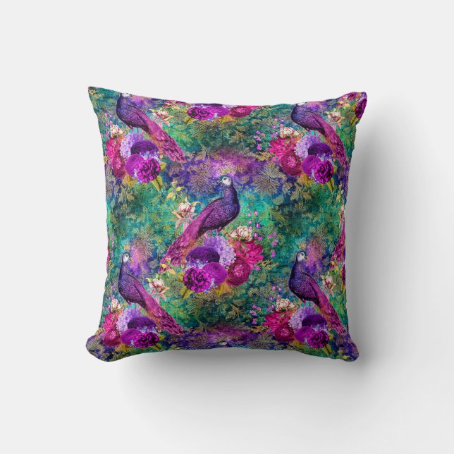 Coussin Motif de paon illustré vibrant (Recto)