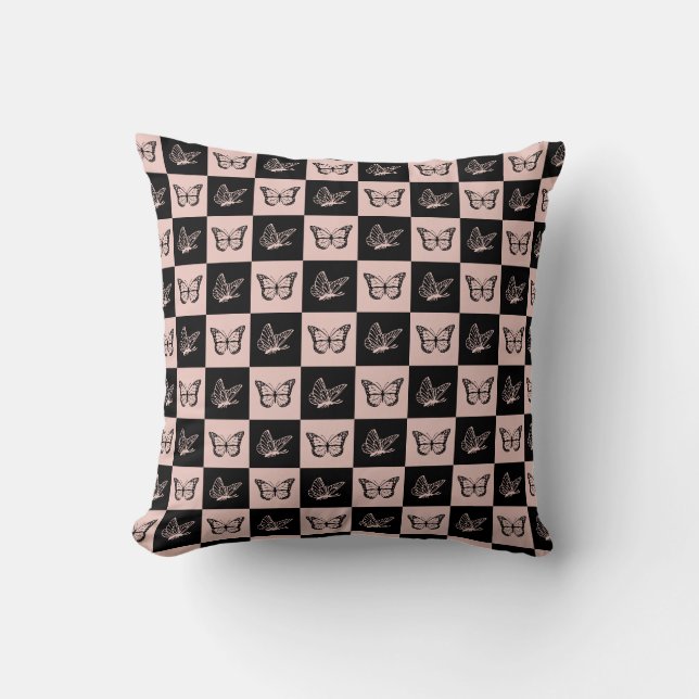 Coussin motif de papillon rose et noir À damiers (Recto)