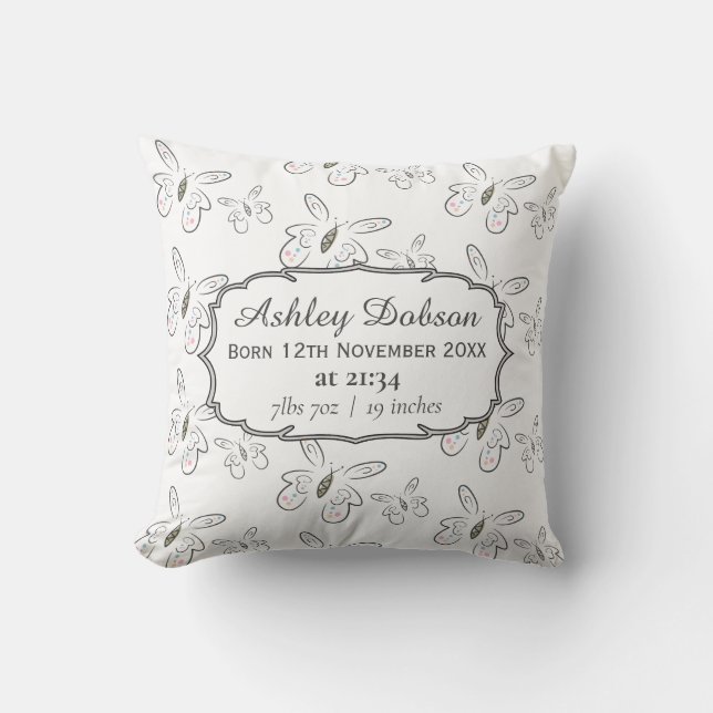 Coussin Motif de papillons doux Statistiques de naissance  (Recto)