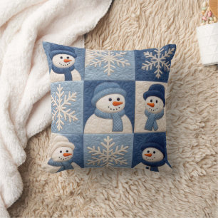 Coussin Motif de patchwork de bonhommes de neige et de flo