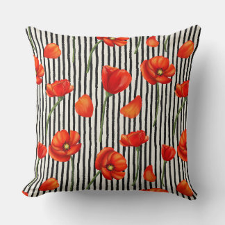 Coussin Motif de pavots et rayures