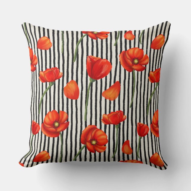 Coussin Motif de pavots et rayures (Recto)