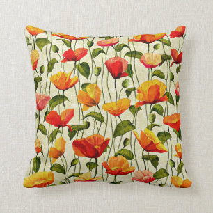 Coussin Motif de pavots, rouge et jaune,