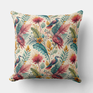 Coussin Motif de peinture à l'aquarelle de fleurs et d'ois