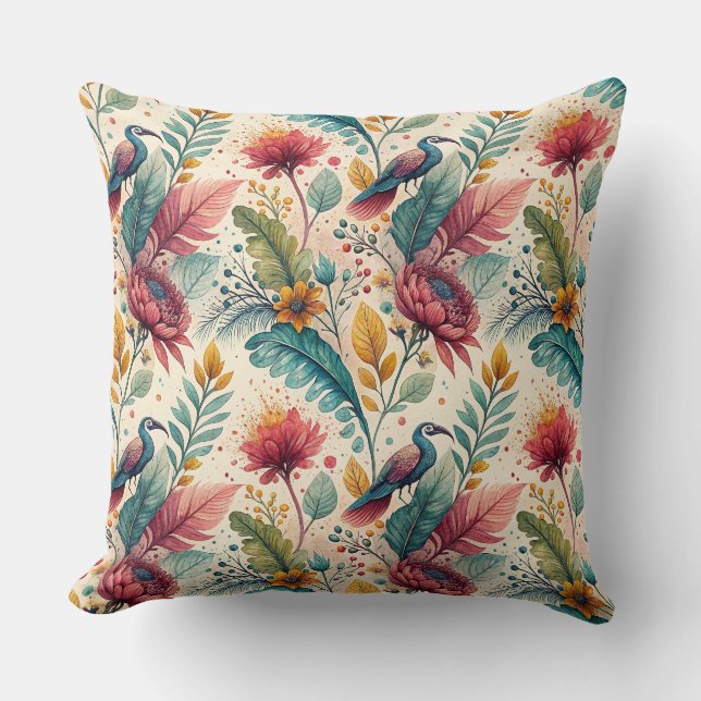Coussin Motif de peinture à l'aquarelle de fleurs et d'ois (Recto)