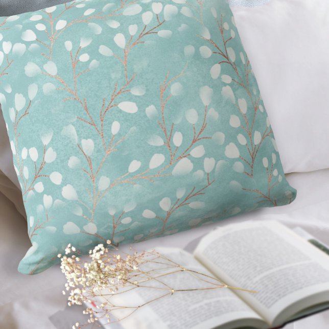 Coussin Motif de perce-neige à l'aquarelle sarcelle/cuivre (Créateur téléchargé)