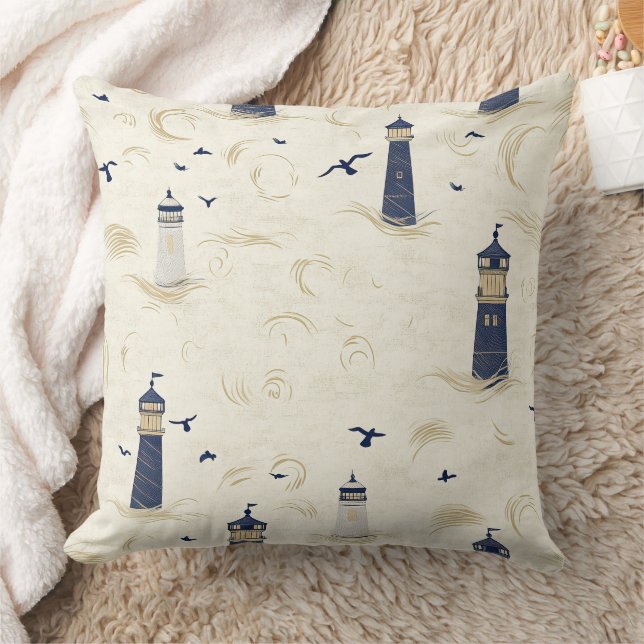 Coussin Motif de phare côtier naval or de marine (Couverture)