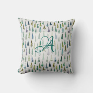 Coussin Motif de pins de forêt hivernale Décor monogrammé