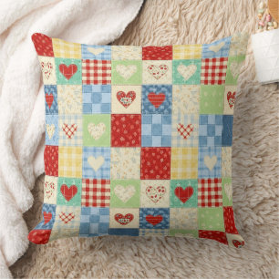Coussin Motif de pique-nique Cœurs Patchwork Rustique