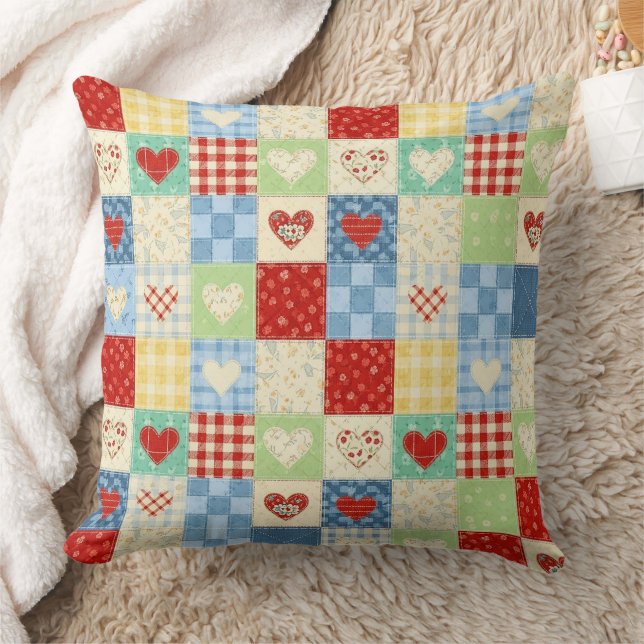 Coussin Motif de pique-nique Cœurs Patchwork Rustique (Couverture)