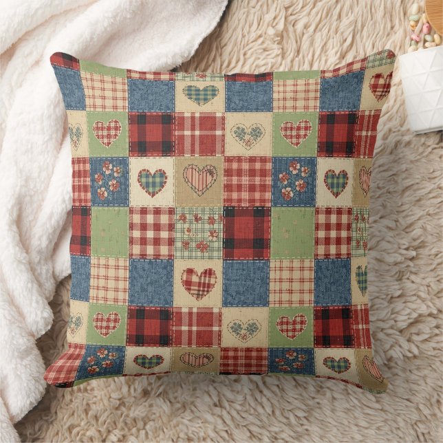 Coussin Motif de pique-nique Cœurs Patchwork Rustique (5) (Couverture)