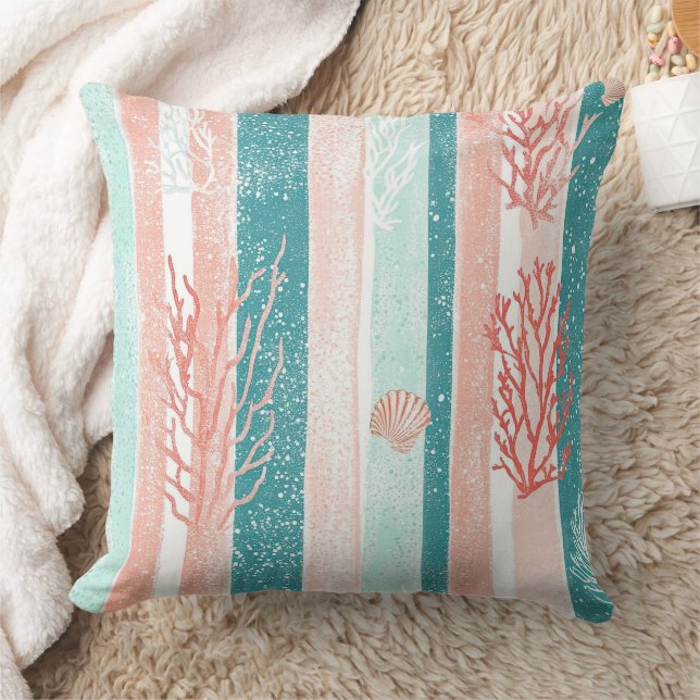 Coussin Motif de plage à rayures de corail côtier (Couverture)