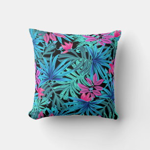 Coussin Motif de Plante Neon Pink et Blue Tropical