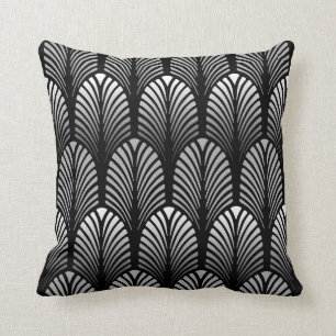 Coussin Motif de plume d'art déco, gris argenté et noir