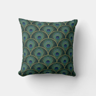 Coussin Motif de plume de paon Art déco en turquoise et or