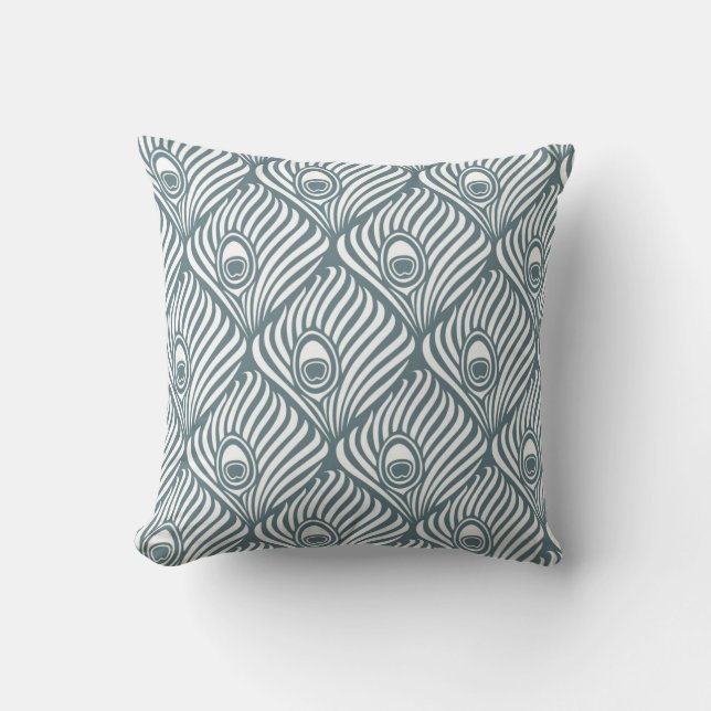 Coussin Motif de plume de paon dans le gris bleu et le (Recto)